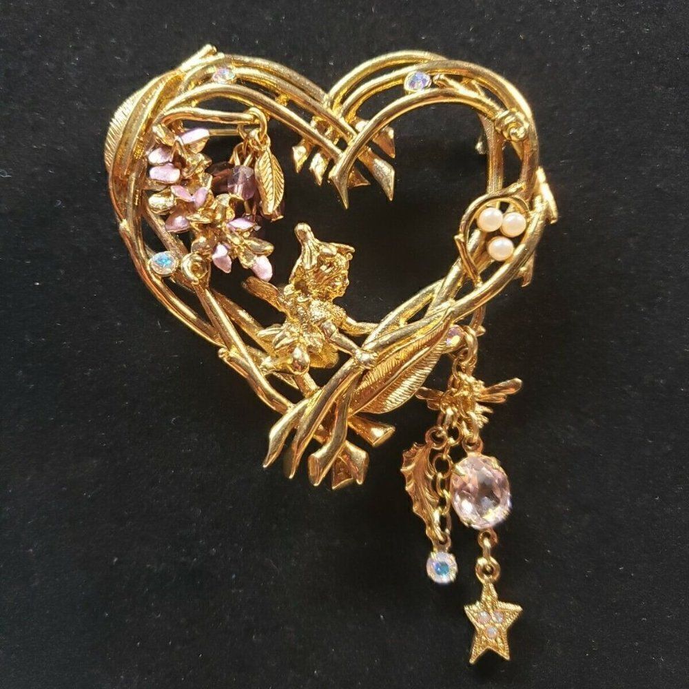 Vintage Signed Kirks Folly Fairy Wisteria Heart Gold Tone Rhinestone Brooch Pin